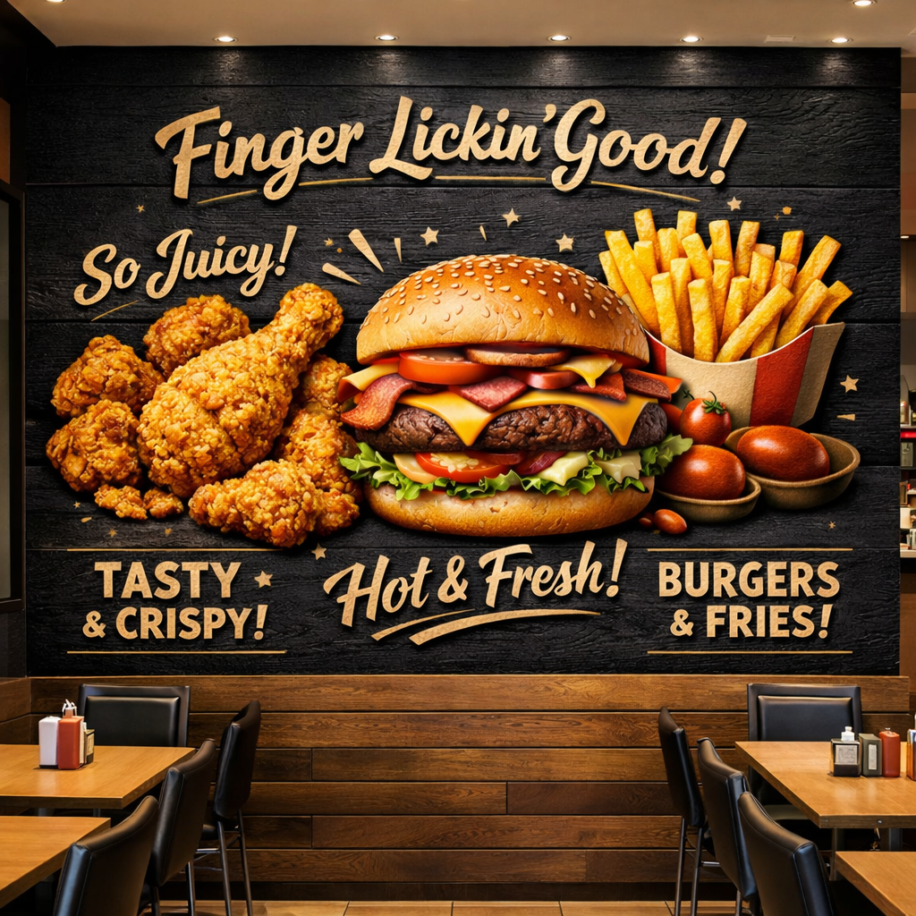 Finger Lickin’ Burger & Fries Wallpaper applied to the wall