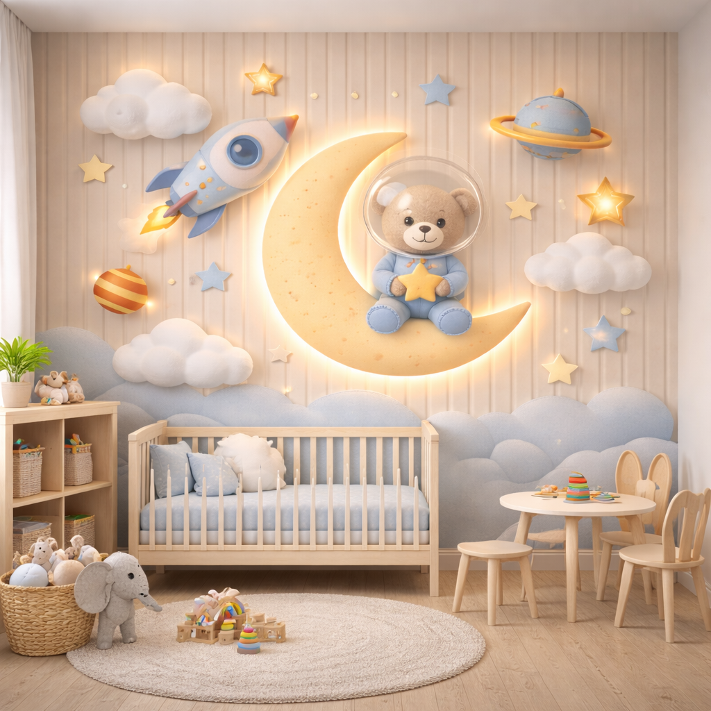 Dreamy Space Bear Wallpaper applied to the wall