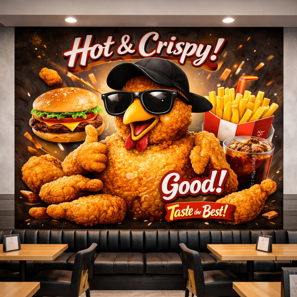 Hot & Crispy Fried Chicken Mural Wallpaper applied to the wall