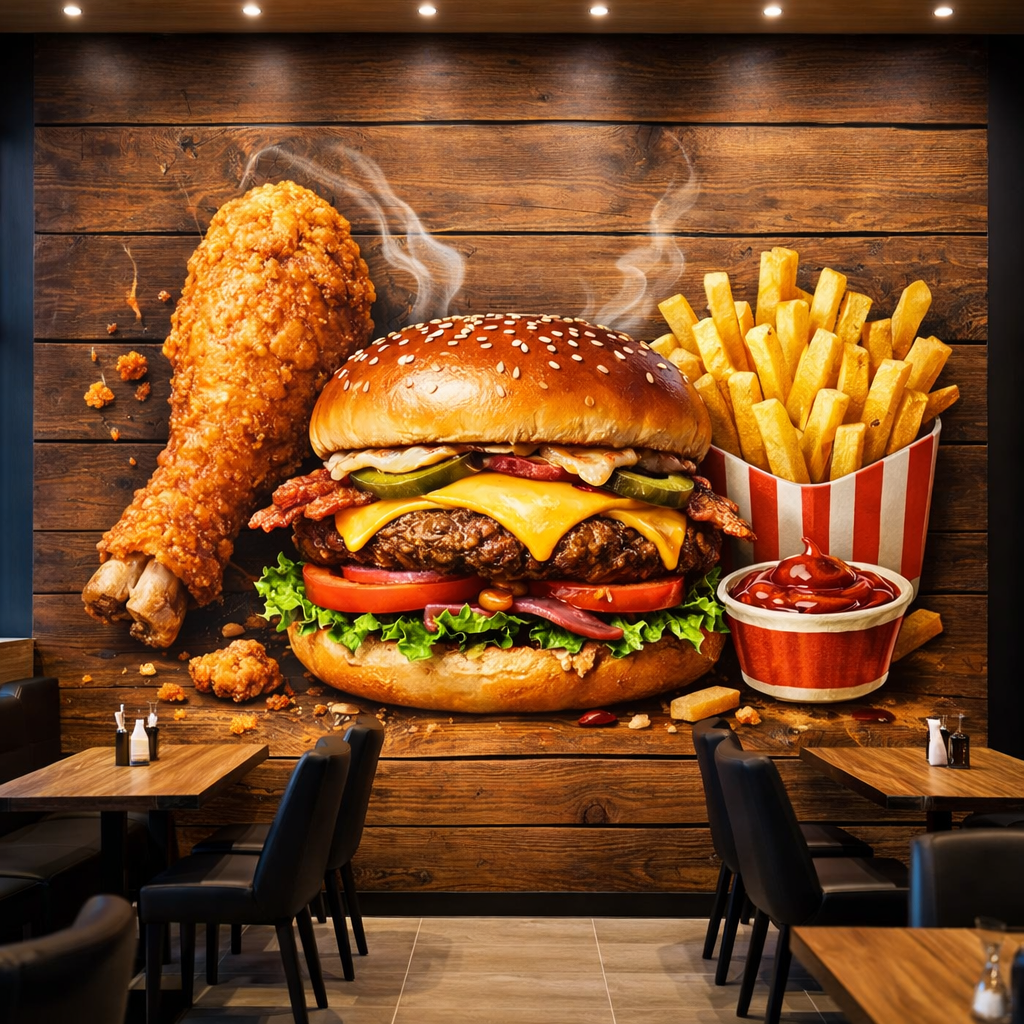 Gourmet Fast Food Feast Wallpaper applied to the wall