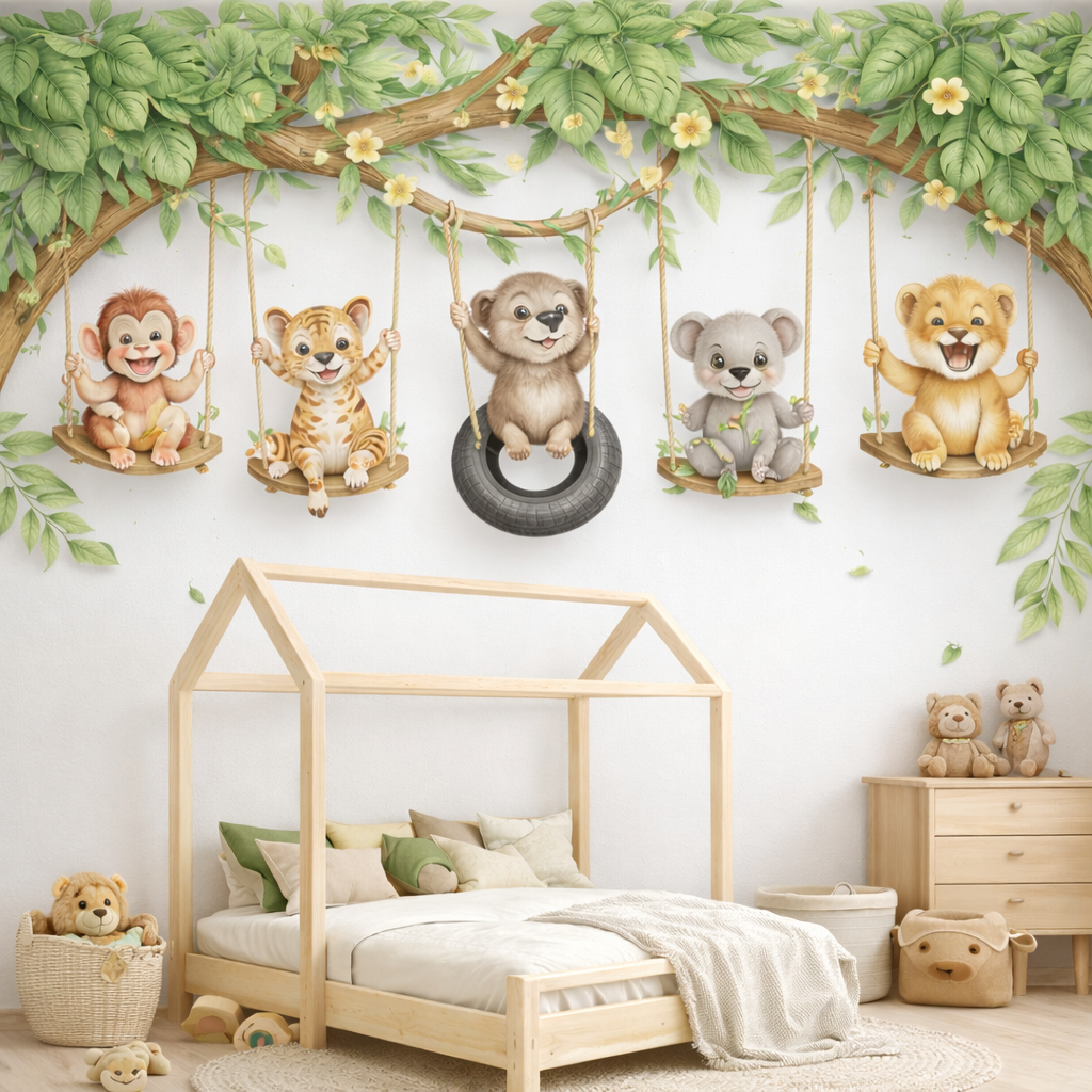 Swinging Wildlife Wallpaper applied to the wall