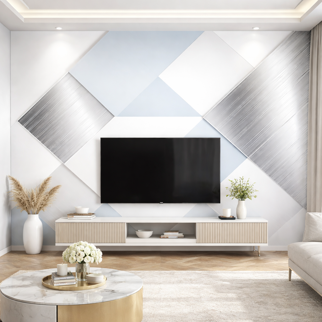 Soft Silver Angles Wallpaper applied to the wall