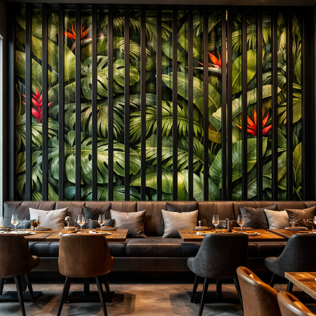 Tropical Slatted Elegance Wallpaper applied to the wall