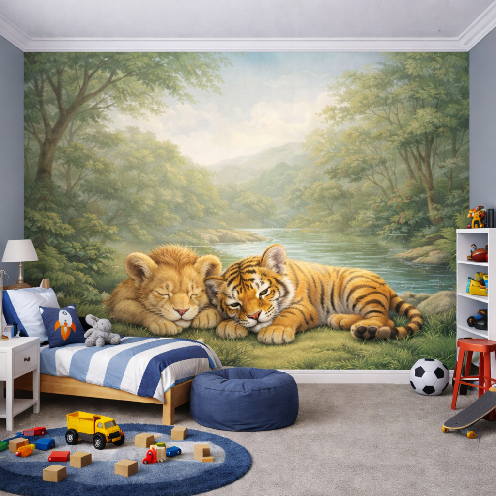 Lion & Tiger Wallpaper applied to the wall