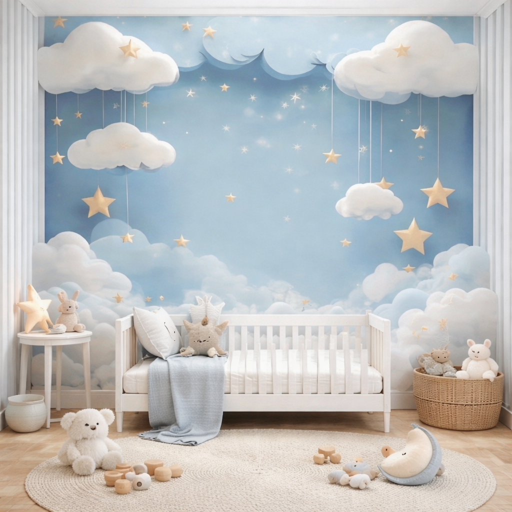 Cloud & Golden Stars Wallpaper applied to the wall
