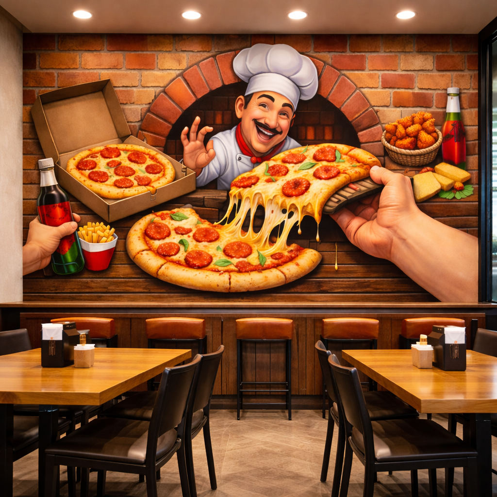 Cheesy Slice Pizzeria Wallpaper applied to the wall