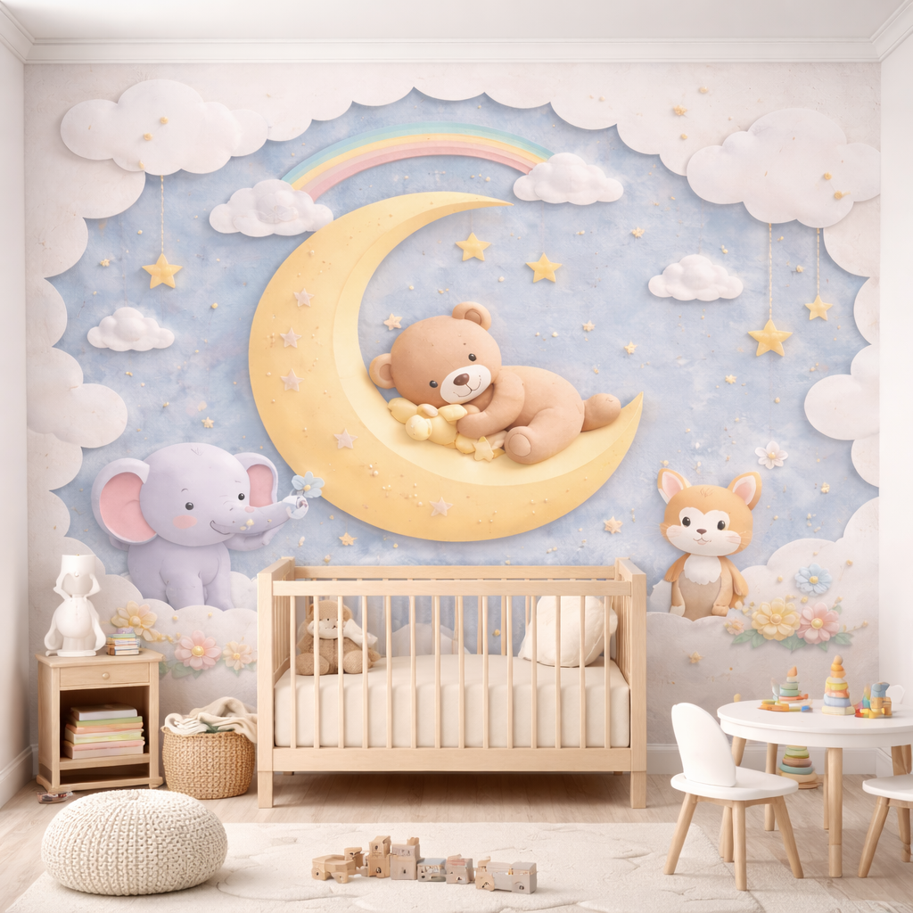 Dreamy Moonlight Teddy Wallpaper applied to the wall