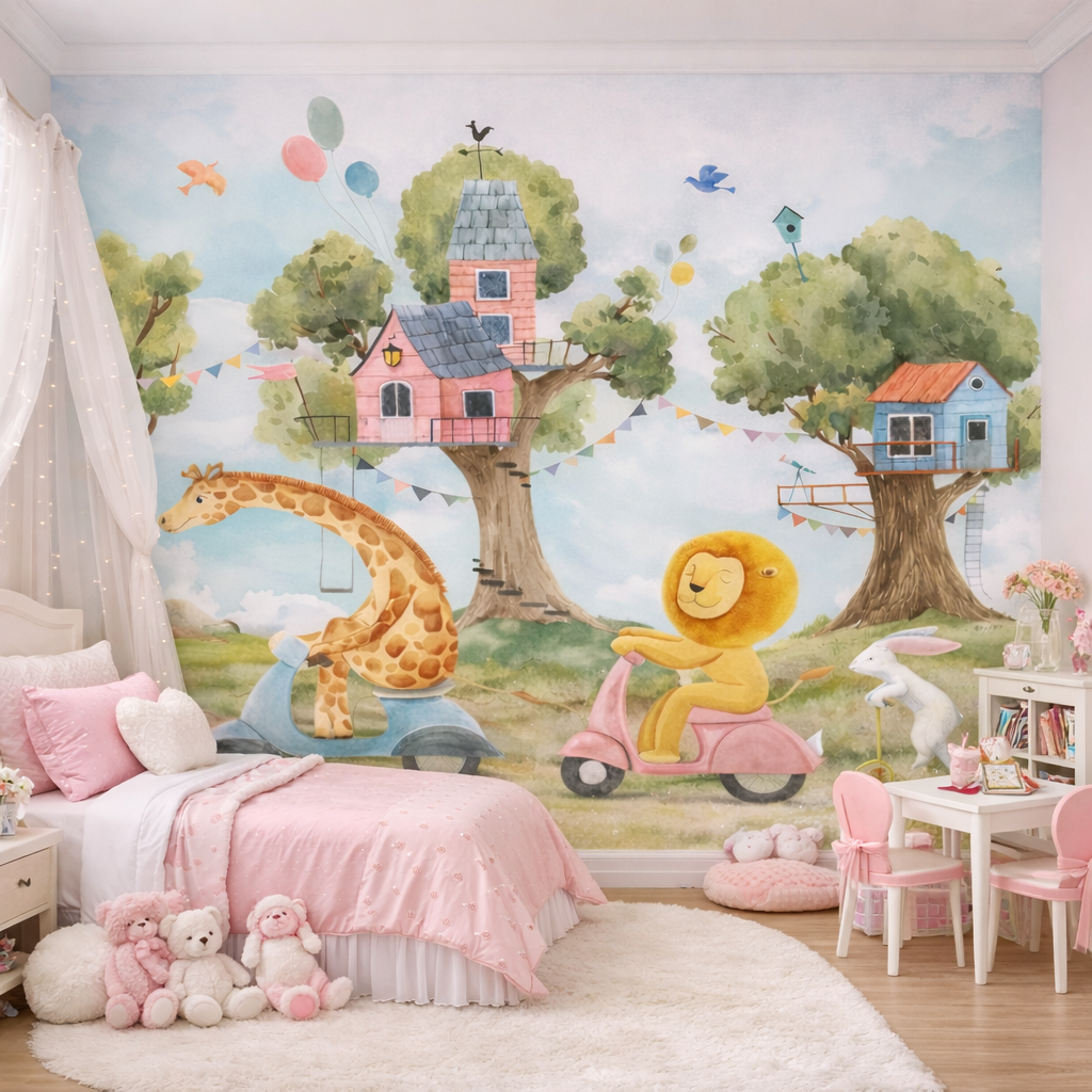 Whimsical Treehouse Wallpaper applied to the wall