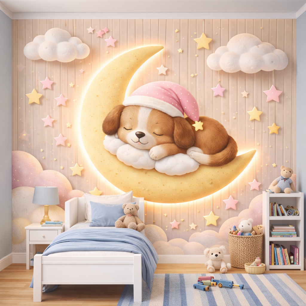 Dreamy Moonlight Puppy Wallpaper applied to the wall