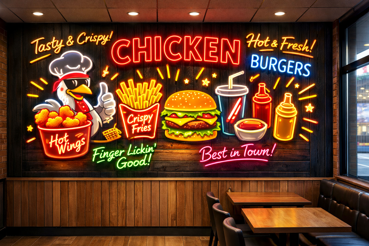 Neon Effect Chicken Fast Food Wallpaper applied to the wall