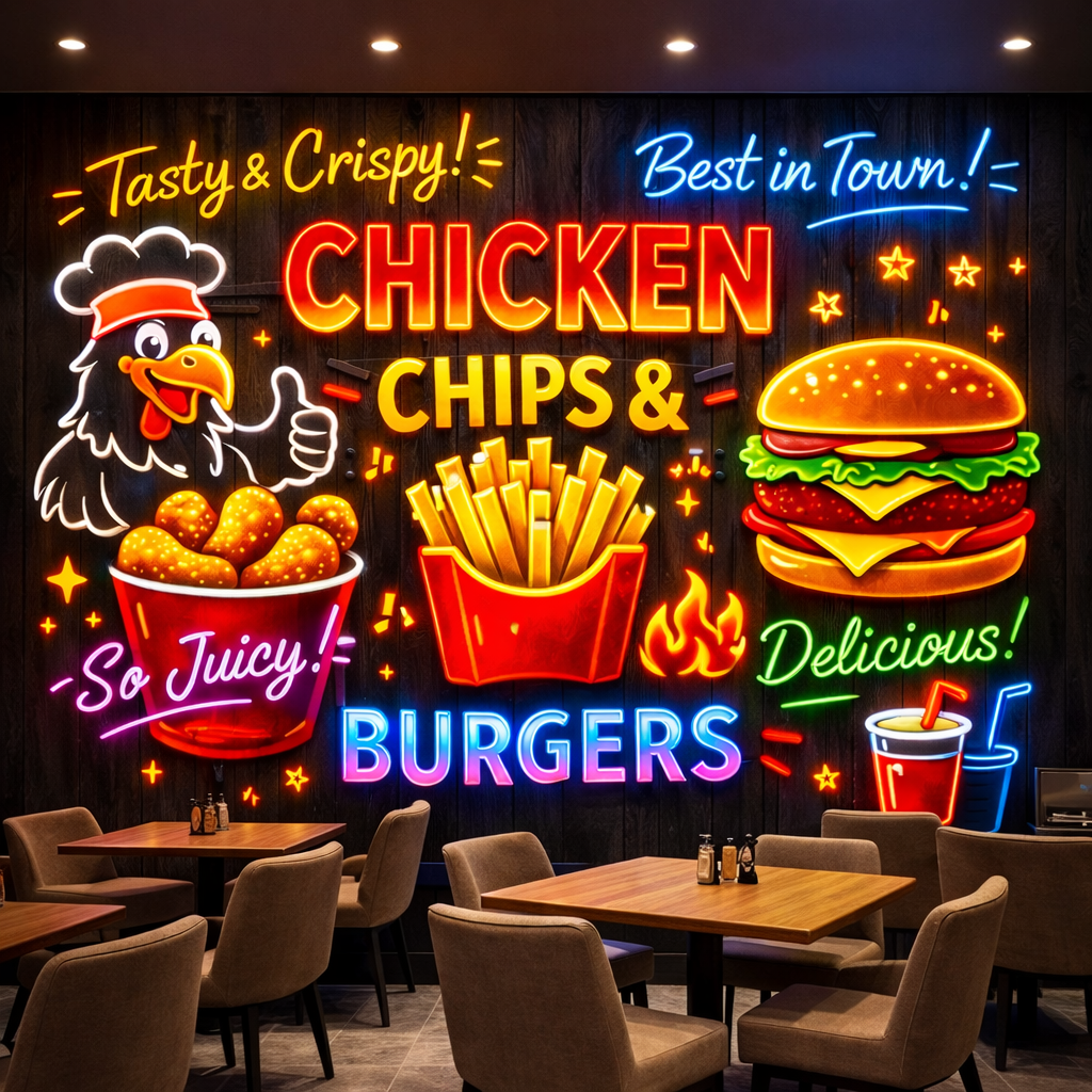Neon Effect Chicken, Chips & Burgers Wallpaper applied to the wall