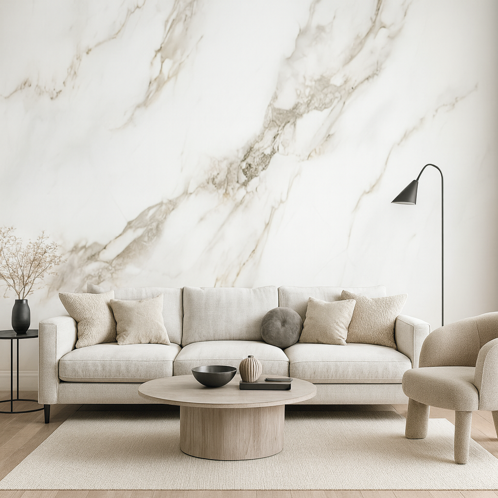 Calacatta-Style Marble Wallpaper Mural applied to the wall