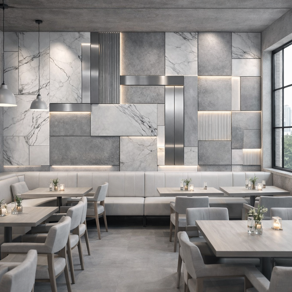 Marble & Metal Panel Wallpaper applied to the wall