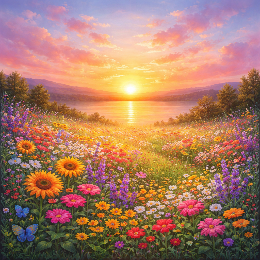 Sunset Meadow Harmony Wallpaper
