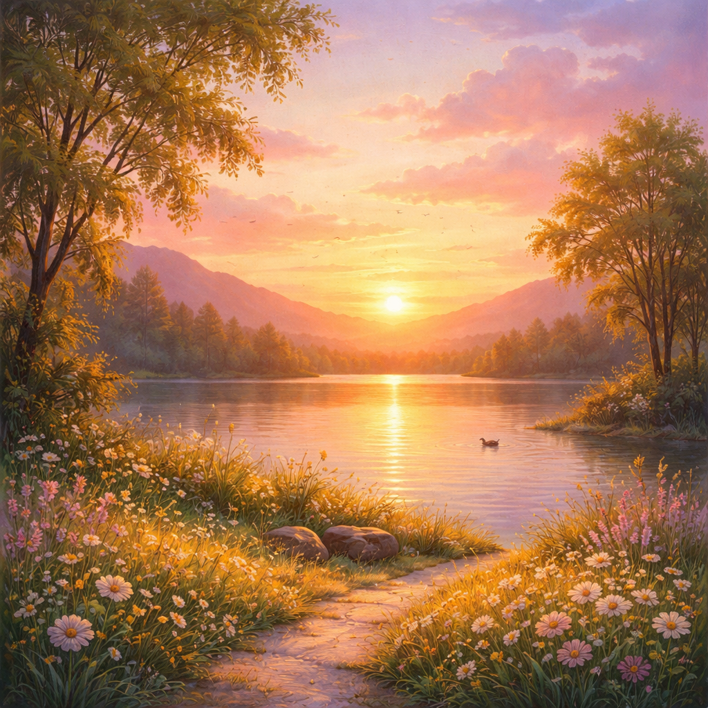 Lakeside Sunset Path Wallpaper