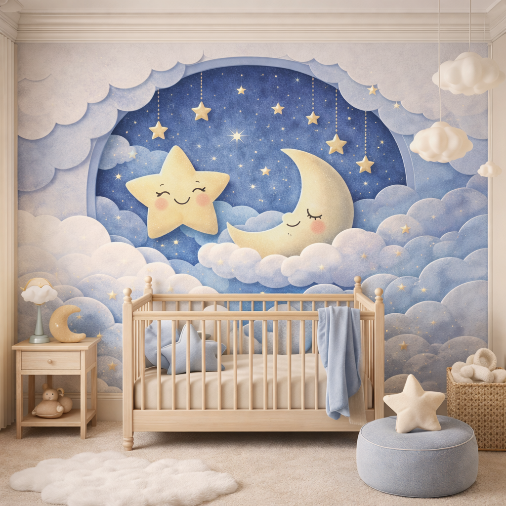 Moon & Star Night Wallpaper applied to the wall