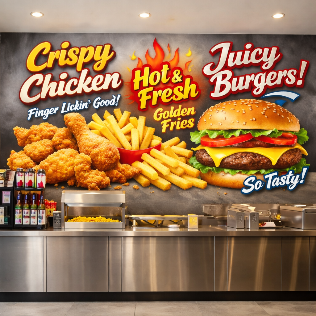 Crispy Chicken & Juicy Burger Wallpaper applied to the wall