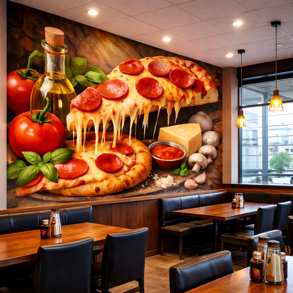 Melting Pepperoni Pizza Wallpaper applied to the wall