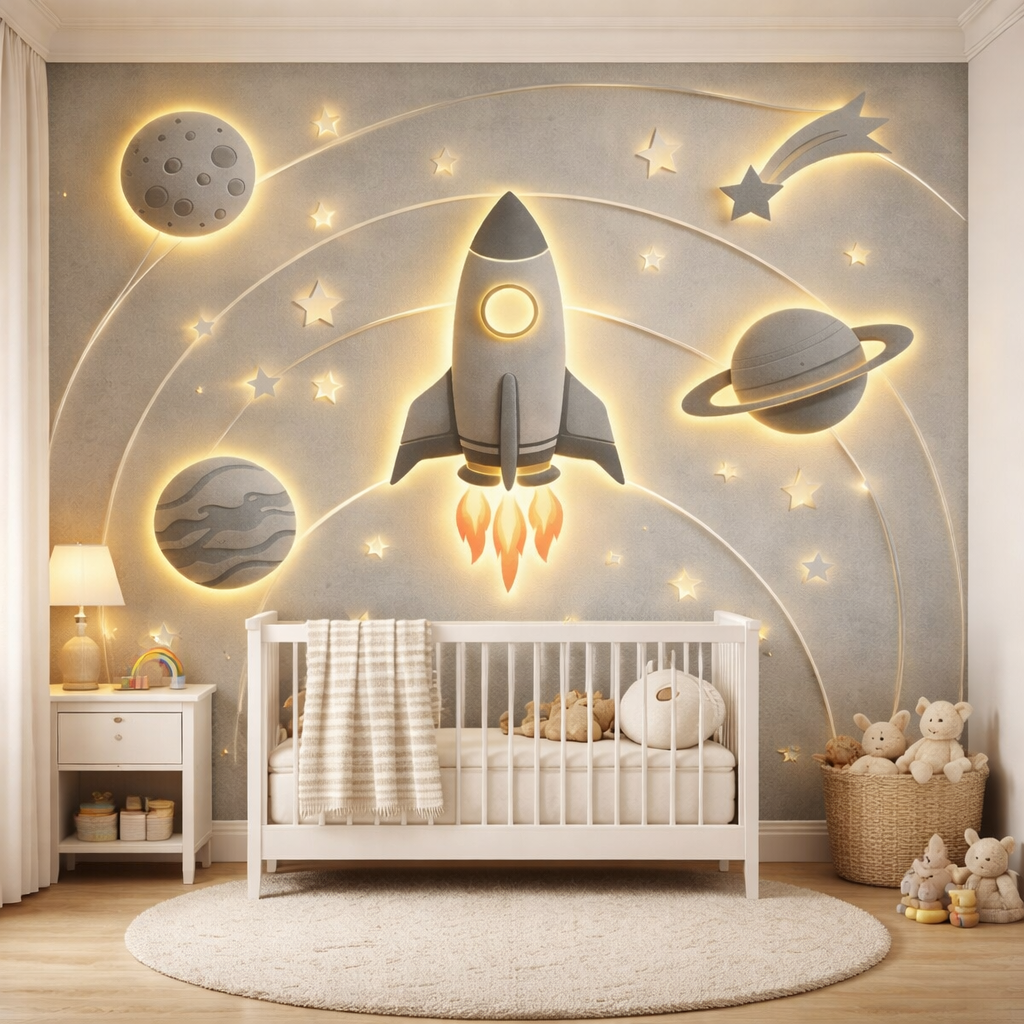 Glow Rocket Space Wallpaper applied to the wall