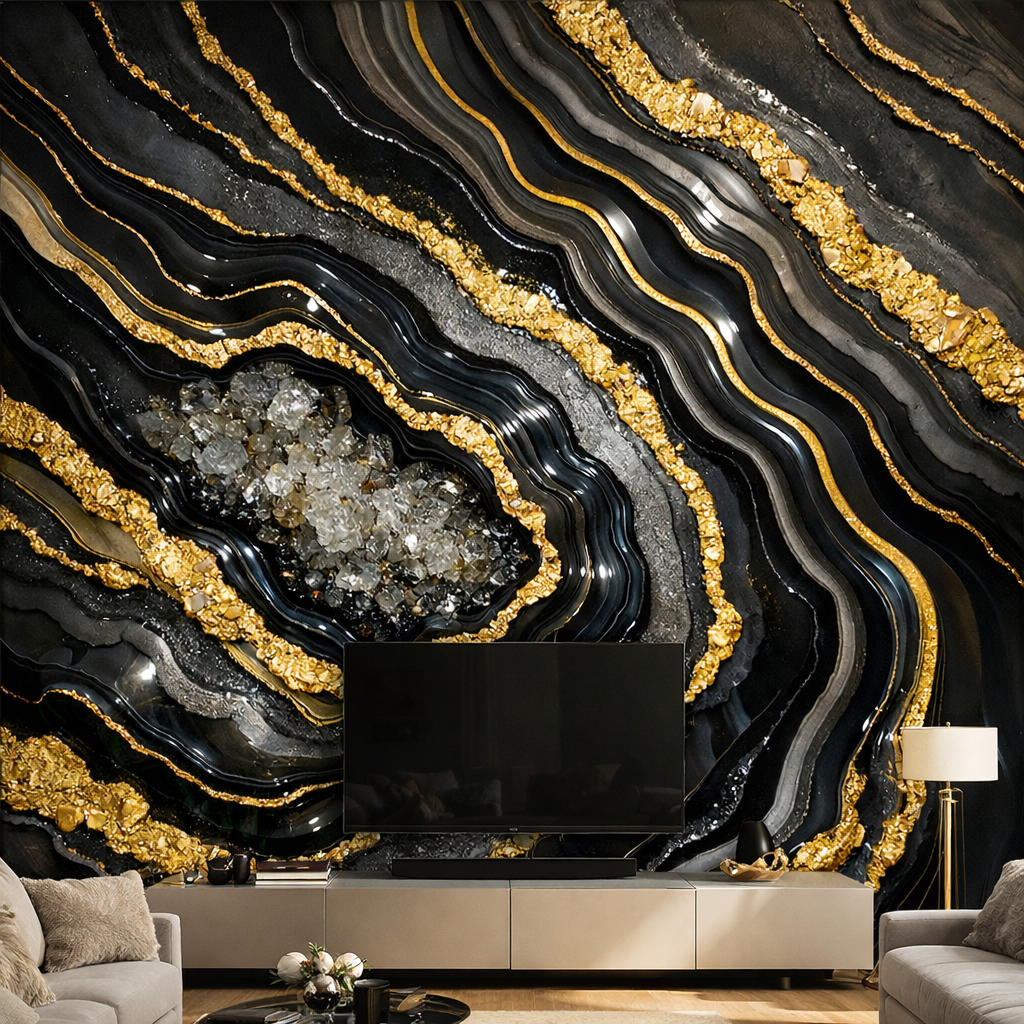 Black Gold Agate Luxe Wallpaper