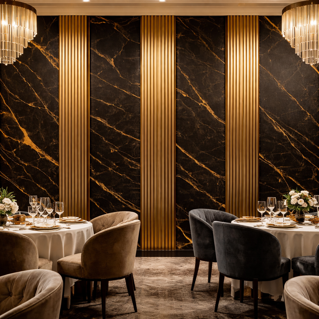 Black Marble & Gold Slats Wallpaper applied to the wall