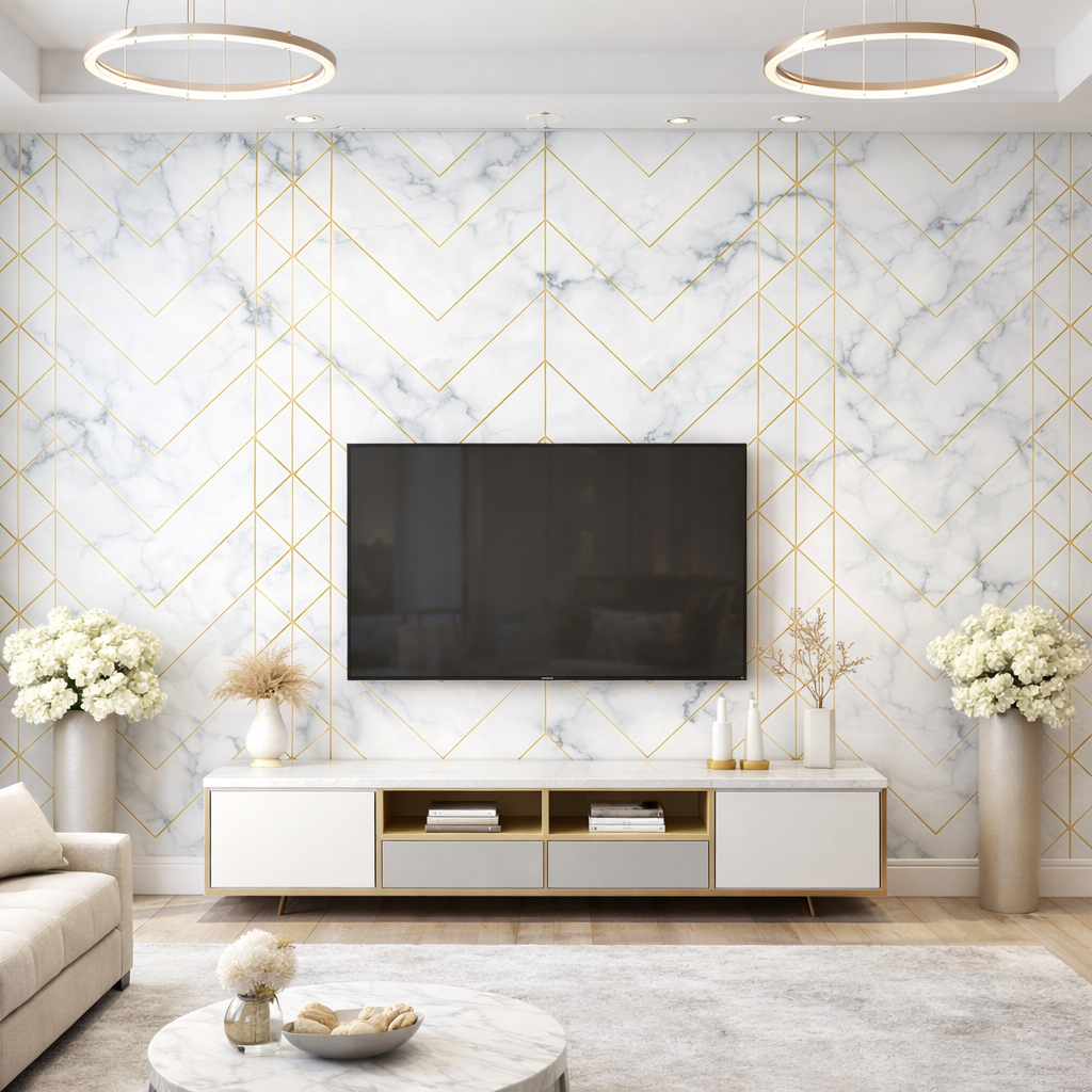 Scandi Gold Lines Wallpaper applied to the wall