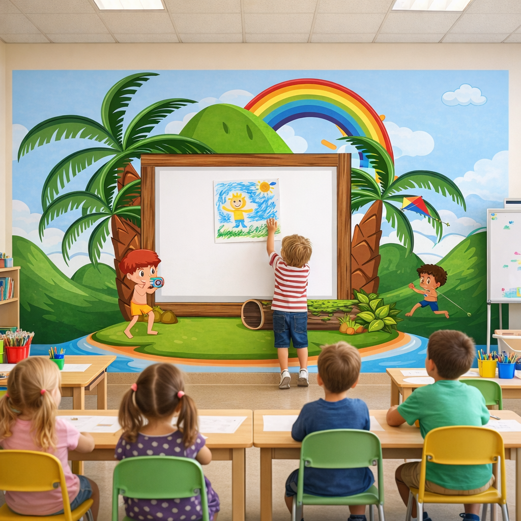Wipeable Rainbow Island Wallpaper applied to the wall