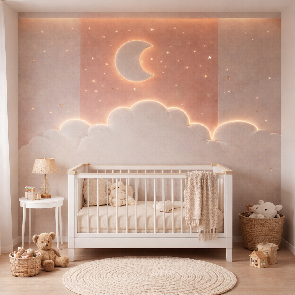 Golden Moon & Stars Wallpaper applied to the wall