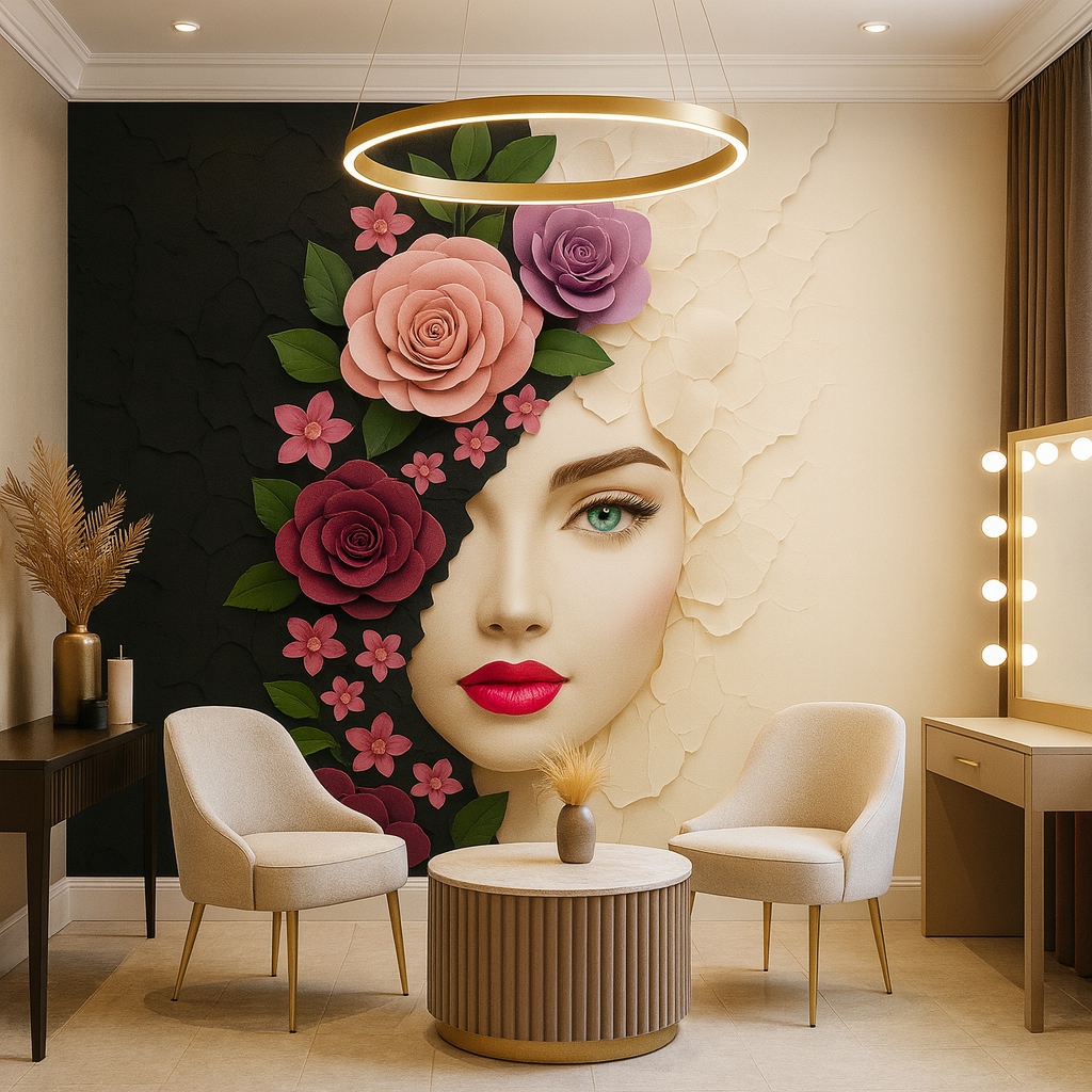 Floral Face Art Wallpaper applied to the wall