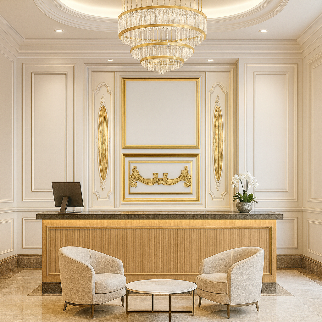 Neoclassical Gold Panel Wallpaper applied to the wall