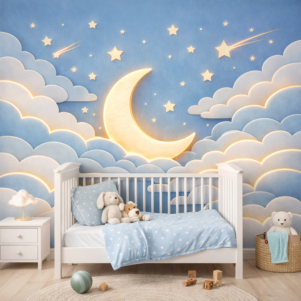 Crescent Moon & Stars Wallpaper applied to the wall