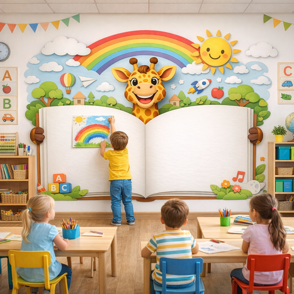 Wipeable Giraffe Open Book Wallpaper