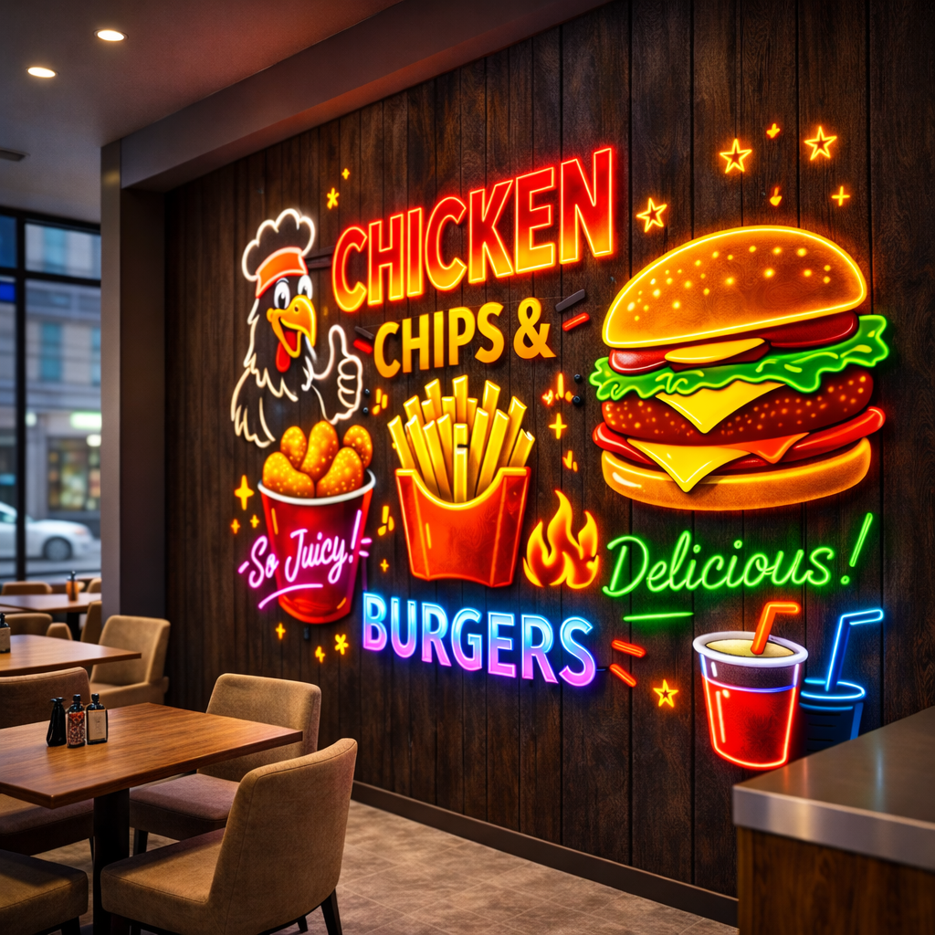 Neon Effect Chicken, Chips & Burgers Wallpaper
