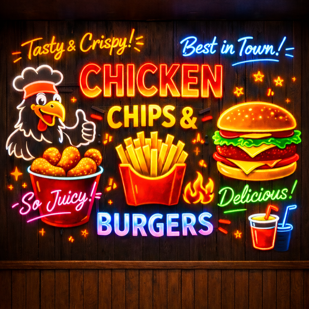 Neon Effect Chicken, Chips & Burgers Wallpaper