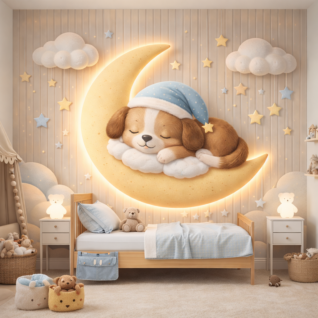 Dreamy Moonlit Puppy Wallpaper applied to the wall